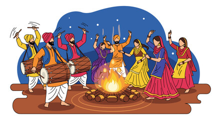 Joyful Punjabi Folk Dance and Celebration Around a Bonfire at Night
