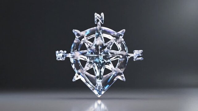 A transparent liquid-crystal shape morphs from a location pin into a map icon and finally a compass symbol, creating a smooth refractive motion sequence.