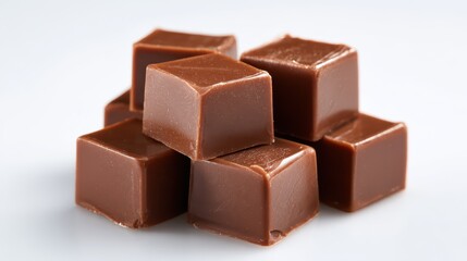 Close-up of glossy milk chocolate squares in a clean studio setup
