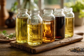 Close-up of golden and pale oils in clear bottles on a rustic countertop