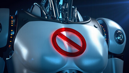 No Access: An imposing robot figure, illuminated by a vibrant glow, displays a red circle-slash symbol on its chest, presenting a stark visual metaphor for limitations and prohibition.