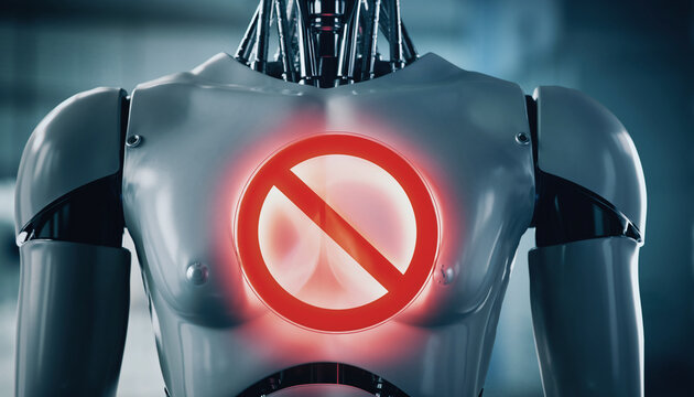 Prohibited Robot: Futuristic image of a robot with a prominent red forbidden symbol on its chest, conveying an abstract concept of restriction or limitation within a technological context.