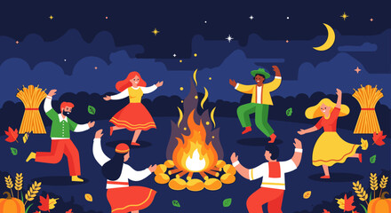 Joyful diverse people celebrating harvest season dancing by a cozy bonfire