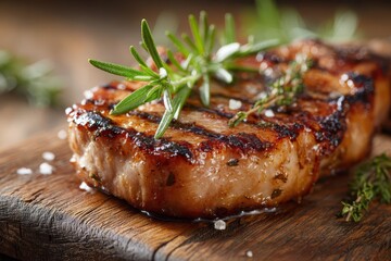 Close-up of juicy grilled pork chop with rosemary on a wooden serving board