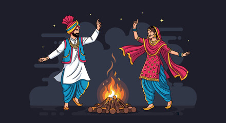 Joyful Punjabi Folk Dancers Celebrate Winter Festival Around Crackling Bonfire