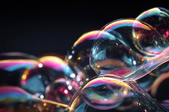 Close-up of iridescent soap bubbles against a deep black background - Powered by Adobe