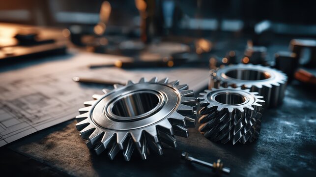 Close-up of interlocking metal gears in a precision engineering workshop - Powered by Adobe