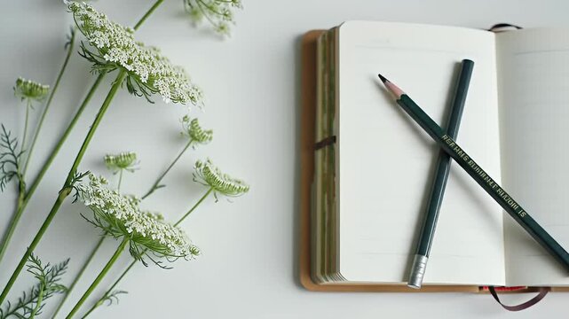 A notebook and two pens are placed on a white table next to a bouquet of flowers.