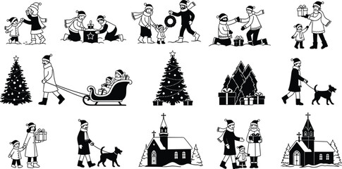Christmas family silhouettes decorating tree, exchanging gifts, sledding, walking dog, and visiting church, festive winter holiday black vector illustration