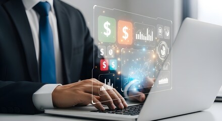 Businessman analyzing financial data on laptop with holographic display of stock market