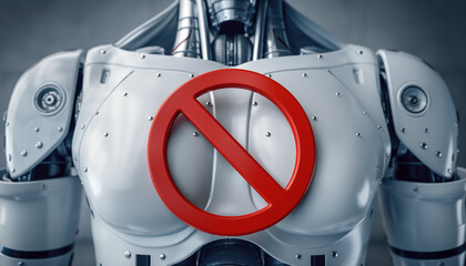 Robot Restriction: The close-up shot of a metallic robot torso, a prominent red 'no' symbol is superimposed upon it, serving as a visual commentary on restrictions.