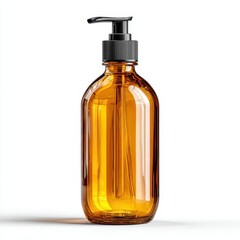 Amber Glass Bottle with Black Pump Dispenser on White Background