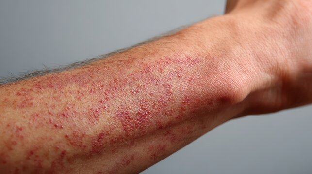 Close-up of psoriasis on the forearm: detailed view of red plaques and flaky scales