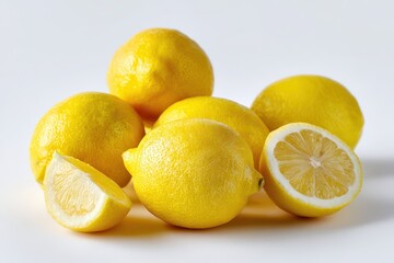 Close-up of ripe yellow lemons on a pure white surface with minimal composition