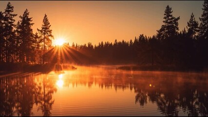 Tranquil lake at sunset with mirrored reflection - Powered by Adobe