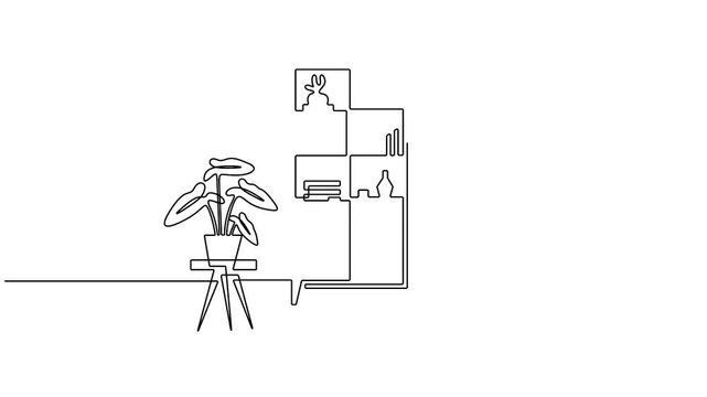 Continuous one line drawing of lamp and cabinet with house plant home furniture animation