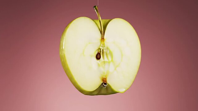 A green apple is cut in half on a pink background.
