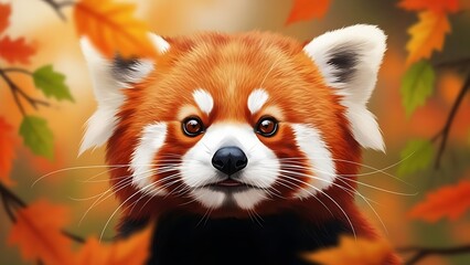 Adorable Red Panda in Autumn Leaves A Close-Up Portrait Amidst Fall Foliage