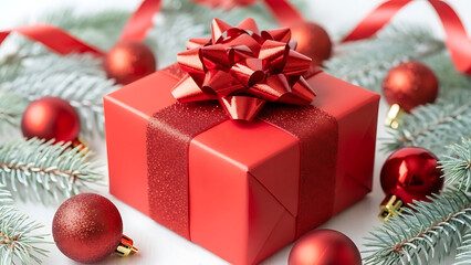 Red Christmas Gift Box with Shiny Bow and Ornaments