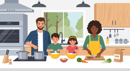 Happy family cooking a delicious meal together in their modern kitchen