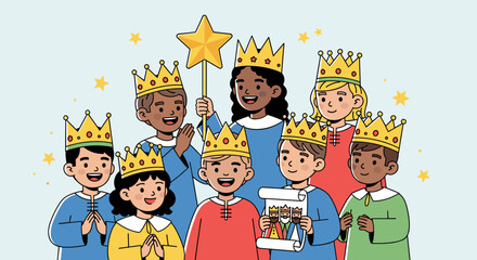 Joyful diverse children dressed as kings celebrating with a star