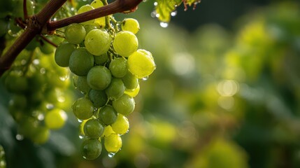 Close-up of unripe green wine grapes on a vine in soft morning light