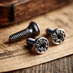 Close-up of Three Metal Screws on Vintage Blueprint Background