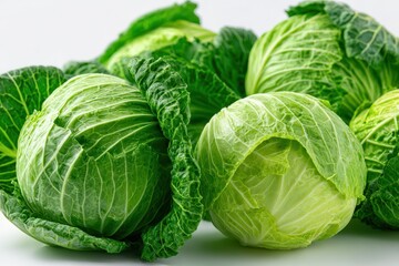 Fototapeta premium Close-up of vibrant green cabbage heads with crisp leaves on a white backdrop