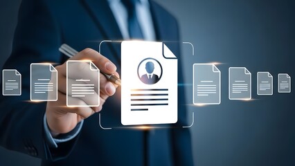 Digital resume review businessman analyzing job applications on a transparent screen