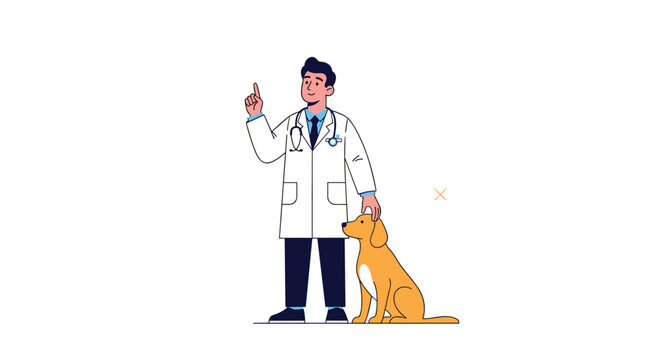 A smiling male veterinarian in a white lab coat and stethoscope points upwards while gently petting a sitting golden retriever dog.