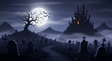 Spooky Halloween night with a haunted castle under a full moon, bats flying over the graveyard, perfect for eerie backgrounds and chilling seasonal designs