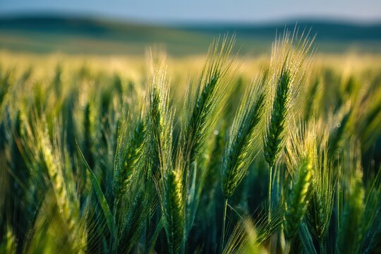 Close-up of young green wheat ears in a sunlit field
