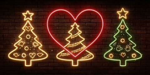 Neon christmas trees and heart on a brick wall