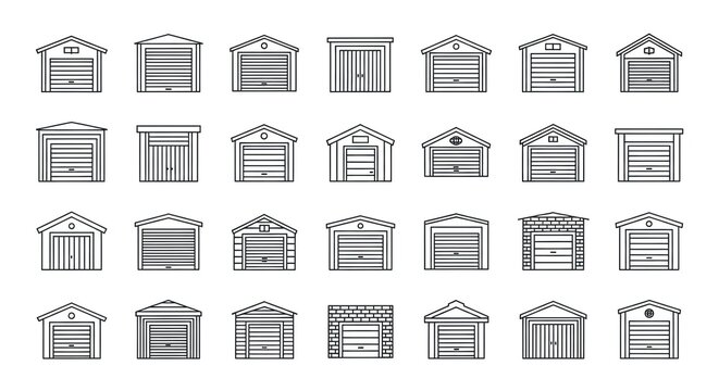 Collection of minimalist line art garage icon variations, perfect for architectural designs, home improvement projects, or real estate marketing materials with clean modern look - Powered by Adobe