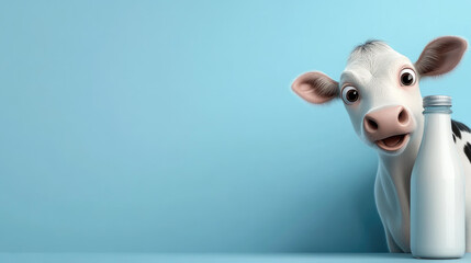 Cute cartoon cow character holding a milk bottle, looking at the viewer with big eyes, promoting dairy products, fresh milk, and organic farm food concepts against a blue background with copy space