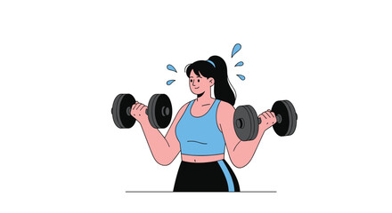 A happy and determined young woman in athletic wear is actively lifting dumbbells, showing effort with sweat drops during her workout.
