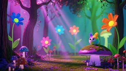 Magical glowing forest with vibrant illuminated flowers and a cute creature sitting on a mushroom