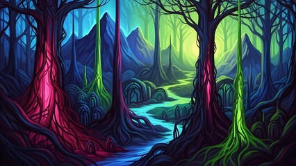 Ethereal Enchanted Forest Scene with Luminous Trees and a Serene River, Creating a Vibrant and Mystical Fantasy Landscape Bathed in Surreal Hues