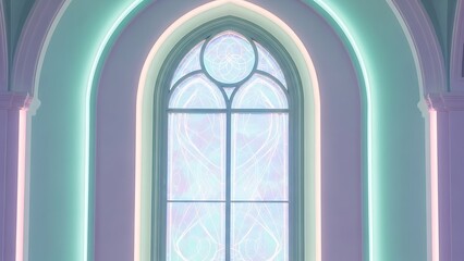 Dreamlike architectural interior with a glowing arched window and vibrant neon illumination