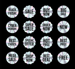 Set of shiny holographic round and star-shaped sale stickers with black text for Black Friday, Cyber Monday, and seasonal promotions. Vector design perfect for retail advertising, online stores, and