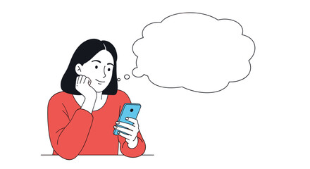A happy young woman smiles thoughtfully while using her smartphone, with a large blank thought bubble ready for text or ideas.