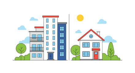 Illustration contrasting urban apartment buildings with a traditional suburban house, depicting different residential living styles under a clear sky.