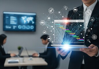 Dynamic presentation of project timeline on tablet in modern office setting for corporate success and business growth, showcasing data-driven decision-making and collaboration