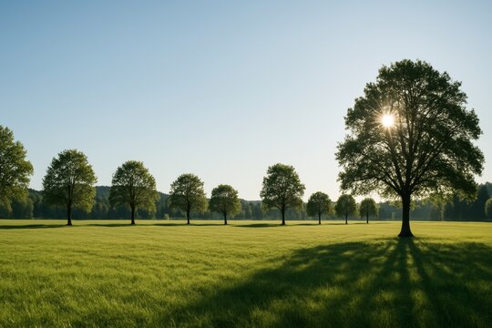 Serene morning landscape with sunlit trees casting long shadows on grassy field under clear blue sky, emphasizing peaceful natural balance and concept. Ai generative