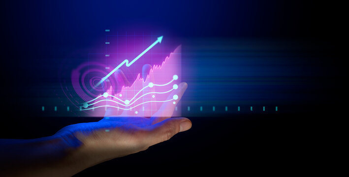 businessman hand holding holographic of graph growth financial network on black background, internet social online technology