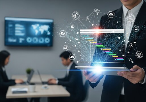 Dynamic presentation of project timeline on tablet in modern office setting for corporate success and business growth, showcasing data-driven decision-making and collaboration