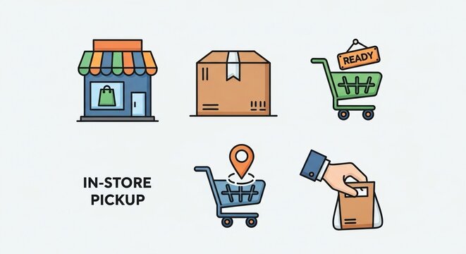 Effortless in-store pickup icons showcasing online shopping convenience and seamless retail experiences for modern consumers who value speed and efficiency