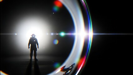 Astronaut standing in front of a bright light source with lens flare effects