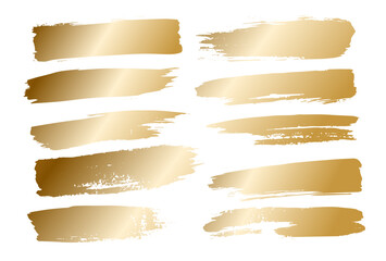 Set of golden grunge brush strokes with shiny foil texture, vector illustration perfect for luxury design projects, fashion decor, cosmetic branding, and elegant advertising layouts