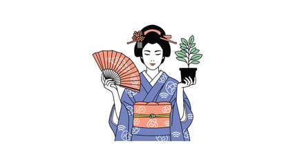 A traditional Japanese woman in a blue kimono and orange obi gracefully holds an open fan and a small potted plant.
